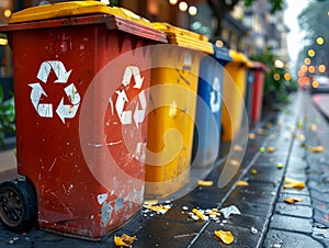 Colorful Recycling Bins Lined Up on Urban Street Sidewalk with Environmental Icons for Waste Separation