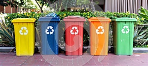 Colorful recycling bins for sorting different types of waste at collection point