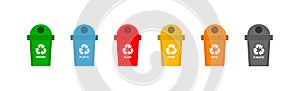 Colorful recycling bins for waste separation icon set. Bin trash vector