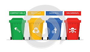 colorful recycling bins for waste separation. recycle infographic. isolated on white background. Trash type bin for garbage