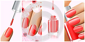 Colorful red collection of nail designs for summer and spring. Vector 3d illustration. Nailpolish lacquer ads, nail photo