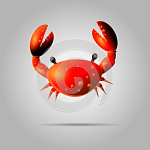 Colorful red crab illustration. Shell crab icon isolated on gray background. Water animal with claws