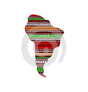Colorful red and green textured South America continent in doodle geometric ornament, vector