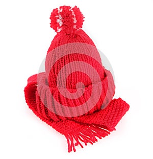 Colorful red knitted scarf and hat