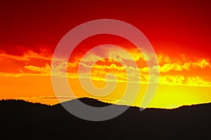 Colorful red and orange sunset over the hills in Slovakia