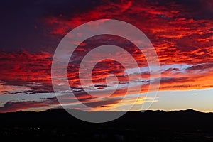 Colorful red sunset sky over Prescott, Arizona.