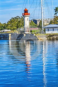 Red White Lighthouse Reflection Entrance Harbor Honfluer France