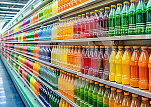 Colorful Refreshments Await at Carrefour Doha A Vibrant Display of Water Juices and Soft Drinks photo