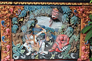 Colorful relief mural of Ramayana Hindu myth in Bali