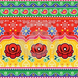 Colorful repetitive Diwali background inspired by traditional lorry and rickshaw painted decorations with flowers and swirls. Popu