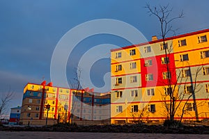 Colorful residential buildings at sunset