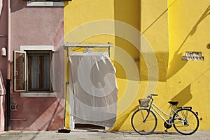 Colorful residential house and bicycle