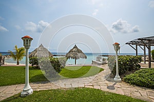 Colorful resort condos with palm trees