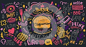 Colorful Restaurant Wall typography. Vector Food BBQ background, motivational cafe menu with lettering on chalkboard