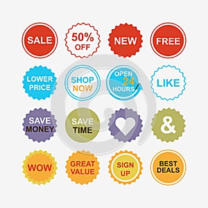 Colorful retail and shopping attention tags icons set