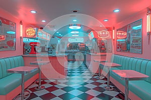 Colorful retro american diner interior design, bar, cafe