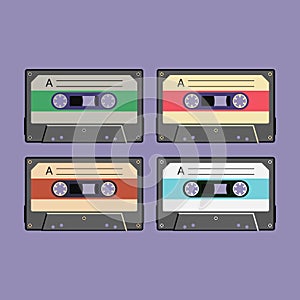 Colorful retro audio cassette tape, a vintage set