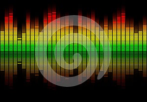 Colorful retro audio equalizer bars with sound spectrum colors from green to red isolated on black. Music or decibels wave