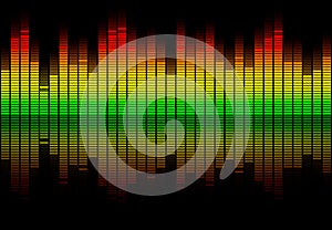 Colorful retro audio equalizer bars with sound spectrum colors from green to red isolated on black. Music or decibels wave photo