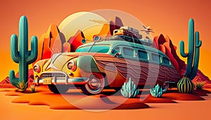 Colorful Retro Car, Holiday Vacation Design At Sunny Landscape - Generative AI