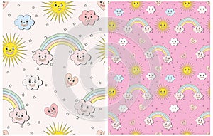 Colorful Retro Cartoon Style Seamless Vector Patterns with Smiling Cloud, Heart, Rainbow, Sun and Stars.