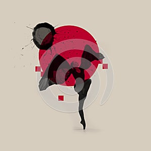 Colorful retro design. Young ballerina in black bodysuit dancing isolated over gray background with red and black