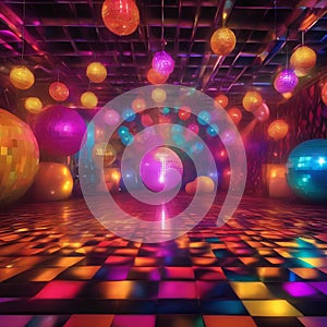 Colorful retro disco party Groovy patterns, disco balls, and energetic dance poses2