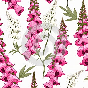 Colorful Retro Foxglove Flower Pattern On White Background