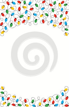 Colorful Retro Holiday Christmas and New Year Intertwined String Lights on White Background Top and Bottom Frame Element