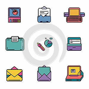Colorful retro icons for various office activities. Created with AI