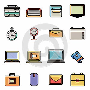 Colorful retro icons for various office activities. Created with AI