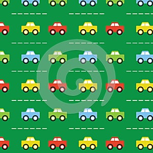 Colorful retro kids toy cars in rows pattern on green background