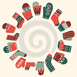 Colorful Retro Knitted Mittens and Socks Vector Round Frame