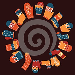 Colorful Retro Knitted Mittens and Socks Vector Round Frame