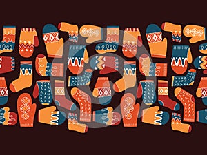 Colorful Retro Knitted Mittens and Socks Vector Seamless Horizontal Pattern Border