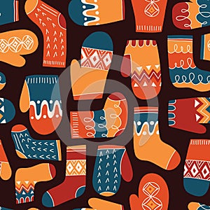 Colorful Retro Knitted Mittens and Socks Vector Seamless Pattern