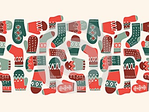 Colorful Retro Knitted Mittens and Socks Vector Seamless Pattern Horizontal Border