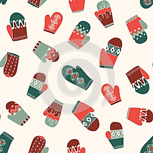 Colorful Retro Knitted Mittens Vector Seamless Pattern