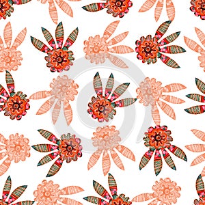 Colorful retro watercolor floral sixties style seamless pattern. Modern fun vintage doodle flower linen background