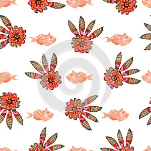 Colorful retro watercolor floral sixties style seamless pattern. Modern fun vintage doodle flower linen background