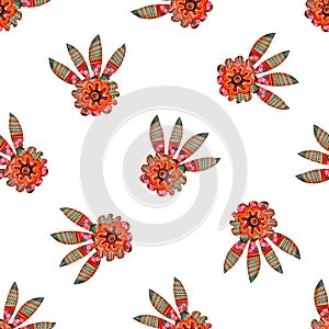 Colorful retro watercolor floral sixties style seamless pattern. Modern fun vintage doodle flower linen background