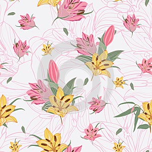 colorful retro yellow & pink Lilium flowers seamless repeat pattern.
