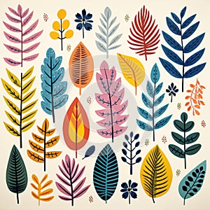 Colorful Retrostyle Leaves: Watercolor And Digital Pencil Illustrations