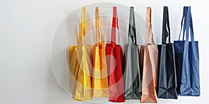 Colorful Reusable Shopping Bags Hanging Against White Background.