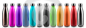 Colorful reusable stainless thermo bottles for water or another liquid with closed cap. Steel eco bottle. Plastic free.