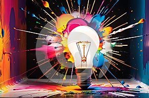 Colorful Revelation: Eureka Moment Captured with a Lightbulb Surrounded by a Vibrant Explosion of Paint Mid-Dispersal Splash