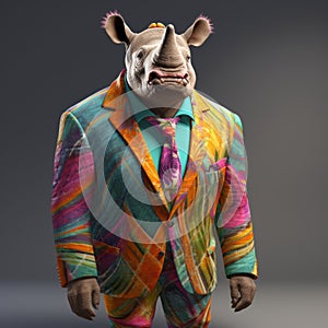 Colorful Rhino Sculpture In Vray Tracing Style