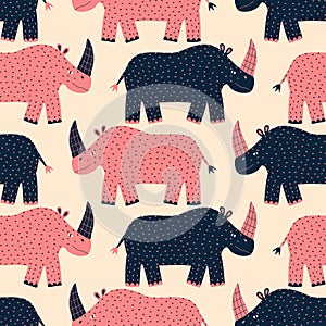 Colorful rhinoceros hand drawn vector illustration. Cute safari animals seamless pattern for children fabric.