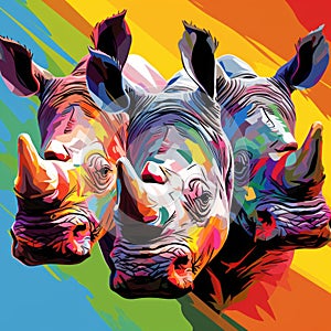 Colorful Rhinoceros Portraits In Andy Warhol Style