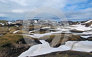 Colorful rhyolite mountains covered with snow in Jokultungur geothermal area, Laugavegur, Fjallabak Nature Reserve, central